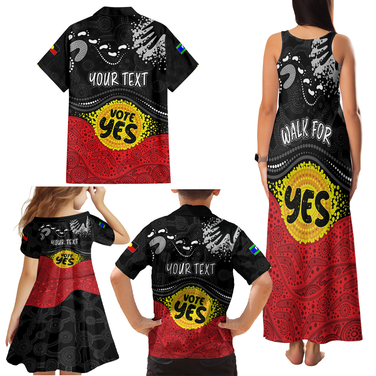 personalised-australia-indigenous-family-matching-tank-maxi-dress-and-hawaiian-shirt-walk-for-yes-2023-aboriginal-flag-style