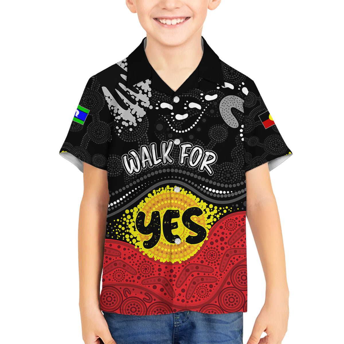 personalised-australia-indigenous-family-matching-tank-maxi-dress-and-hawaiian-shirt-walk-for-yes-2023-aboriginal-flag-style