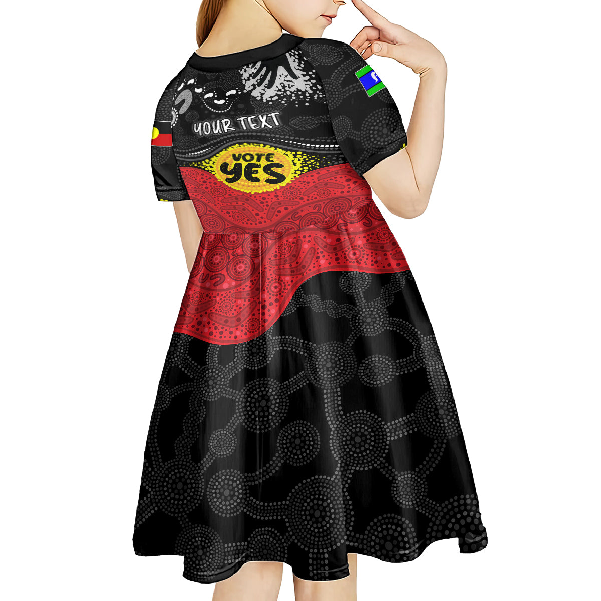 personalised-australia-indigenous-kid-short-sleeve-dress-walk-for-yes-2023-aboriginal-flag-style