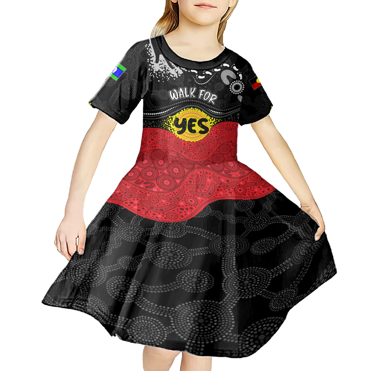 personalised-australia-indigenous-kid-short-sleeve-dress-walk-for-yes-2023-aboriginal-flag-style