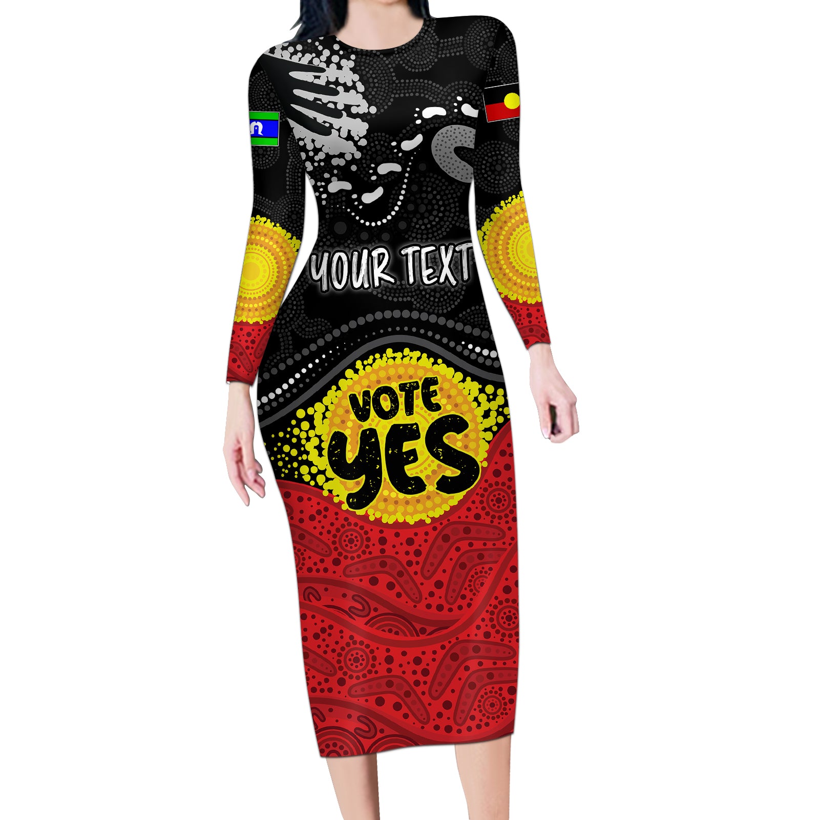 personalised-australia-indigenous-long-sleeve-bodycon-dress-walk-for-yes-2023-aboriginal-flag-style