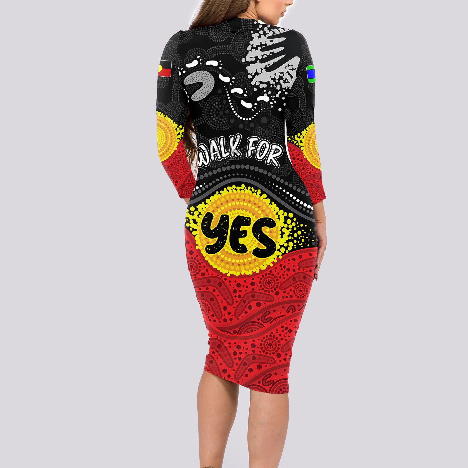 personalised-australia-indigenous-long-sleeve-bodycon-dress-walk-for-yes-2023-aboriginal-flag-style