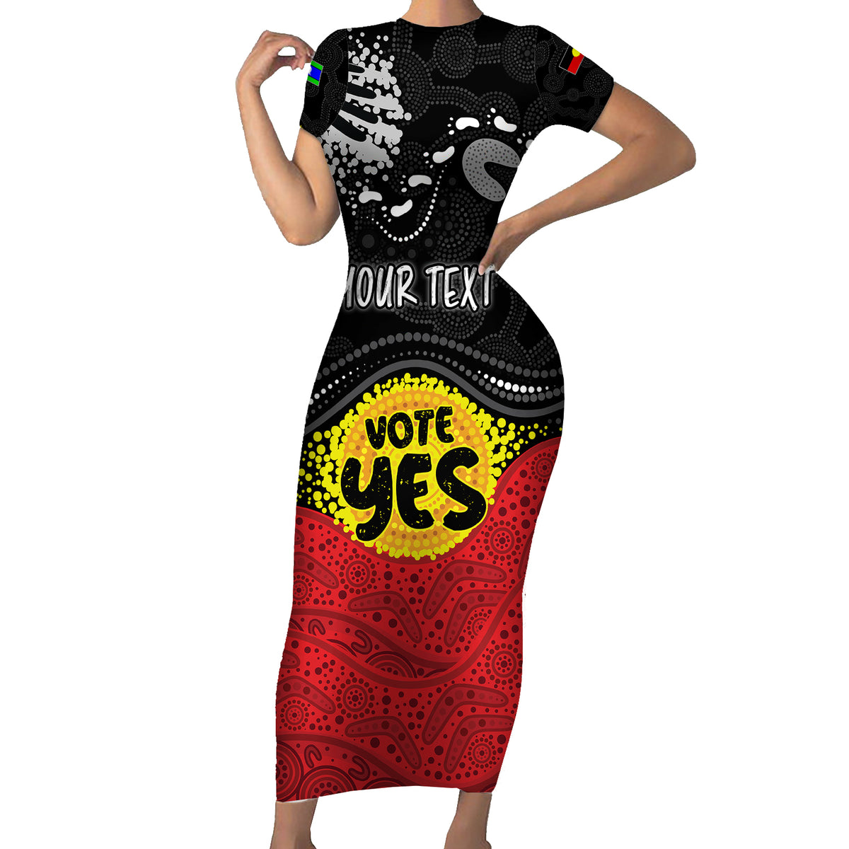 personalised-australia-indigenous-short-sleeve-bodycon-dress-walk-for-yes-2023-aboriginal-flag-style