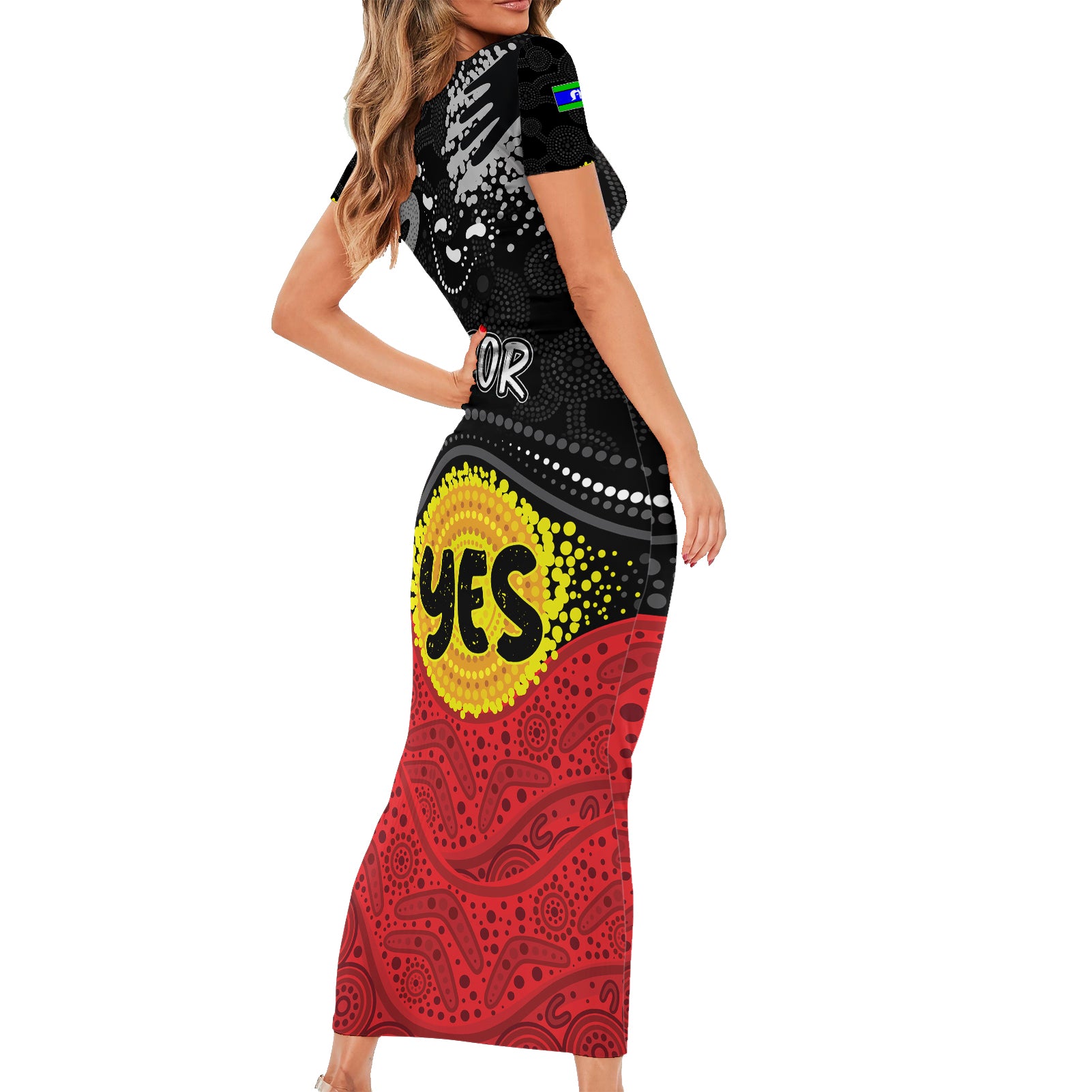 personalised-australia-indigenous-short-sleeve-bodycon-dress-walk-for-yes-2023-aboriginal-flag-style