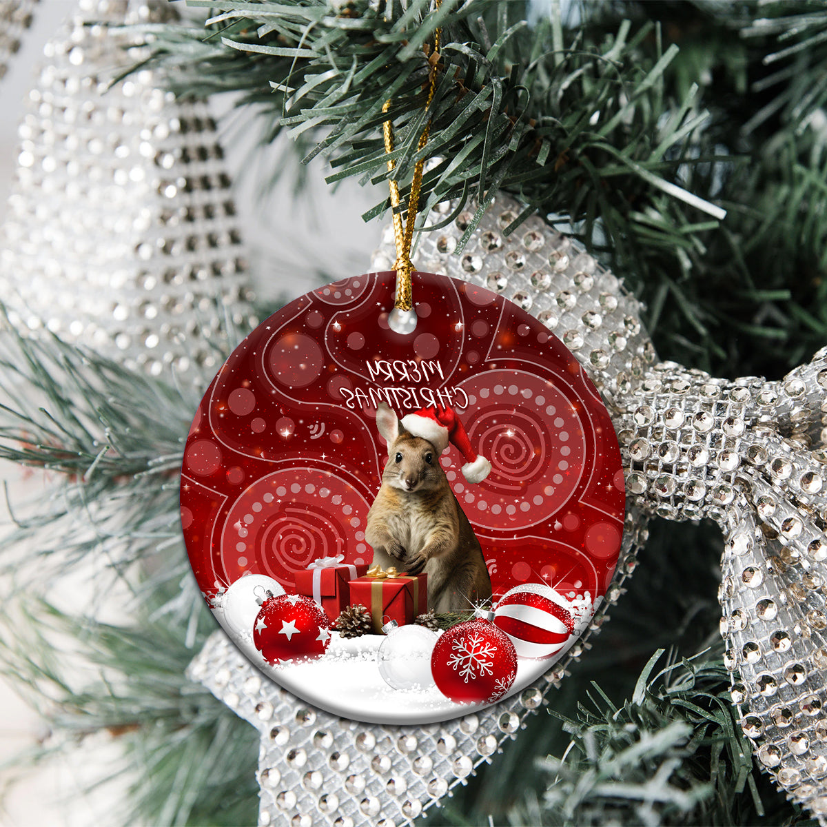 Australia Christmas Wallaby Ceramic Ornament Aboriginal Art LT7