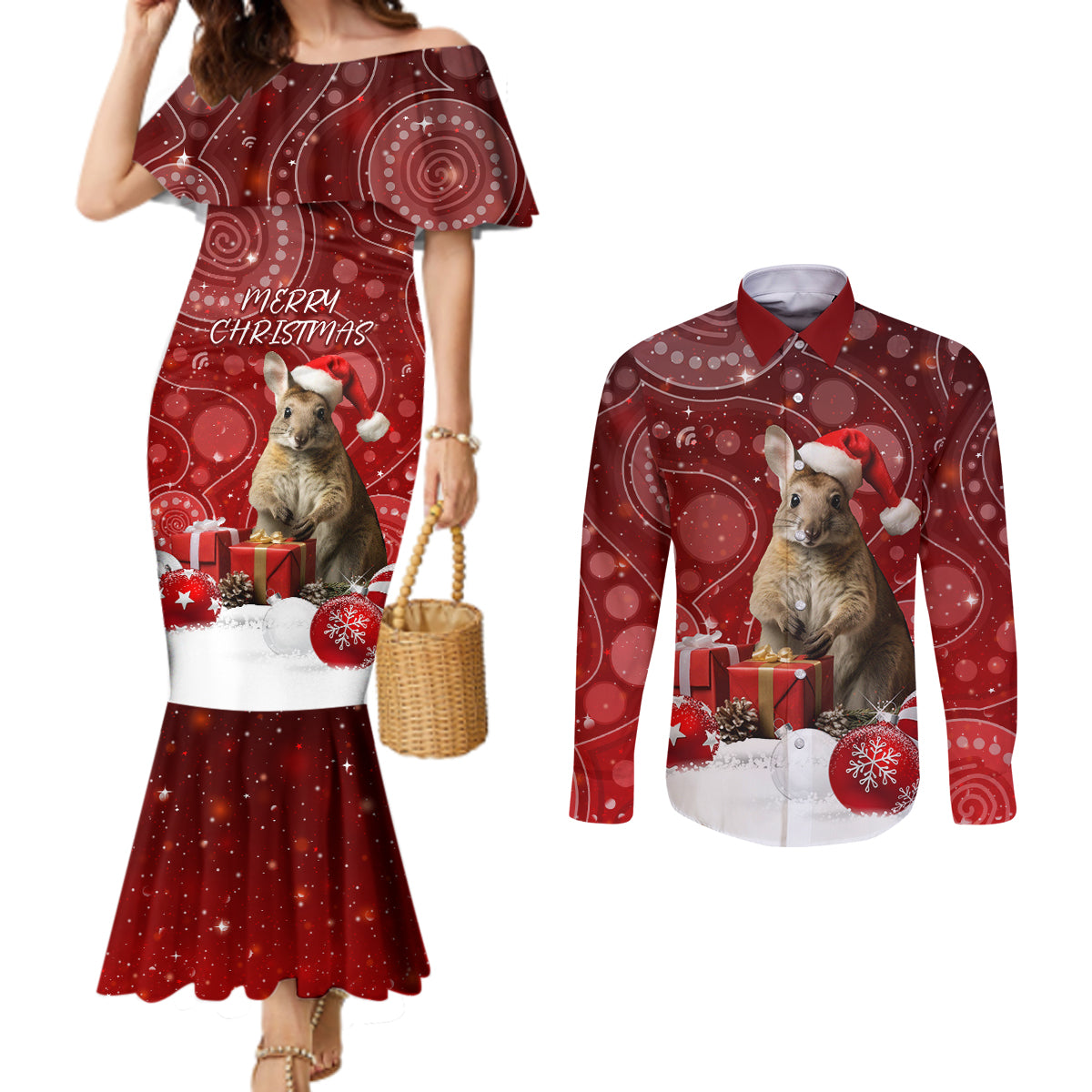 australia-christmas-wallaby-couples-matching-mermaid-dress-and-long-sleeve-button-shirt-aboriginal-art