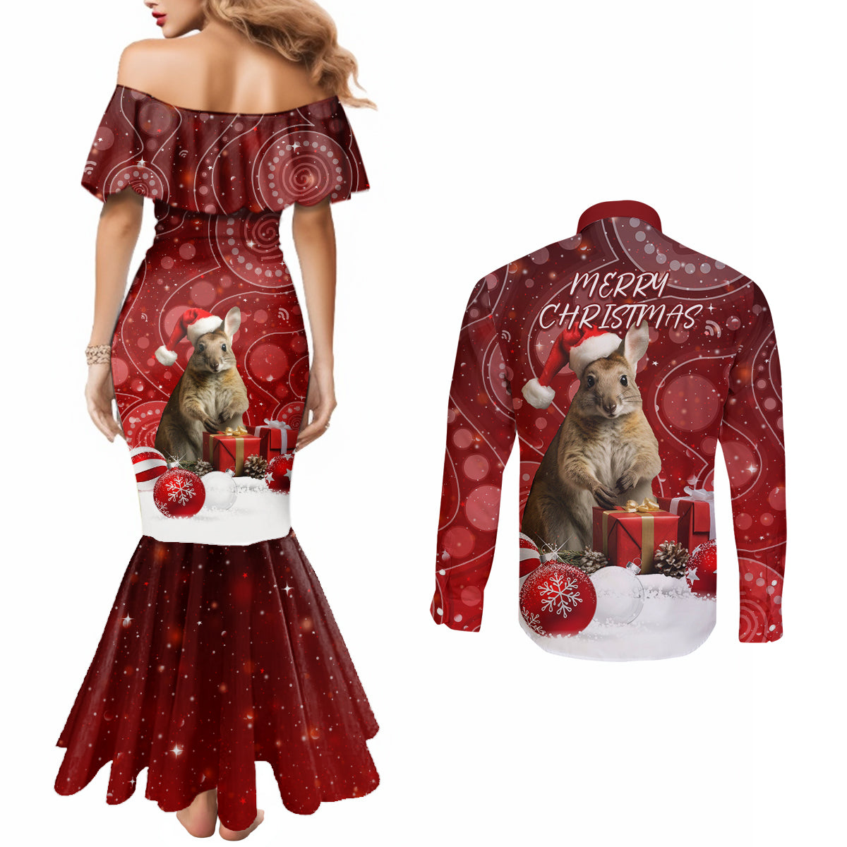 australia-christmas-wallaby-couples-matching-mermaid-dress-and-long-sleeve-button-shirt-aboriginal-art