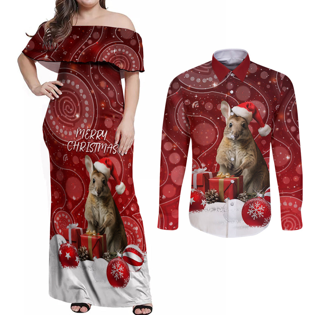 australia-christmas-wallaby-couples-matching-off-shoulder-maxi-dress-and-long-sleeve-button-shirt-aboriginal-art