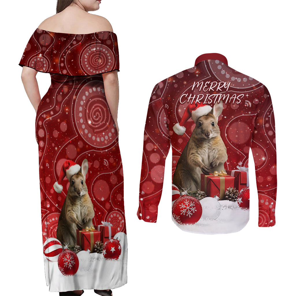 australia-christmas-wallaby-couples-matching-off-shoulder-maxi-dress-and-long-sleeve-button-shirt-aboriginal-art
