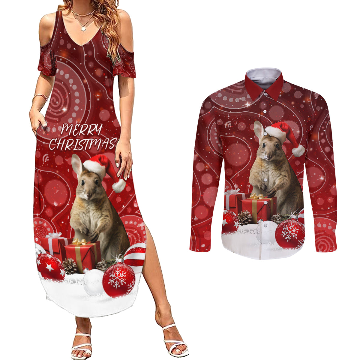 australia-christmas-wallaby-couples-matching-summer-maxi-dress-and-long-sleeve-button-shirt-aboriginal-art