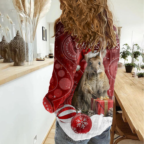 australia-christmas-wallaby-women-casual-shirt-aboriginal-art