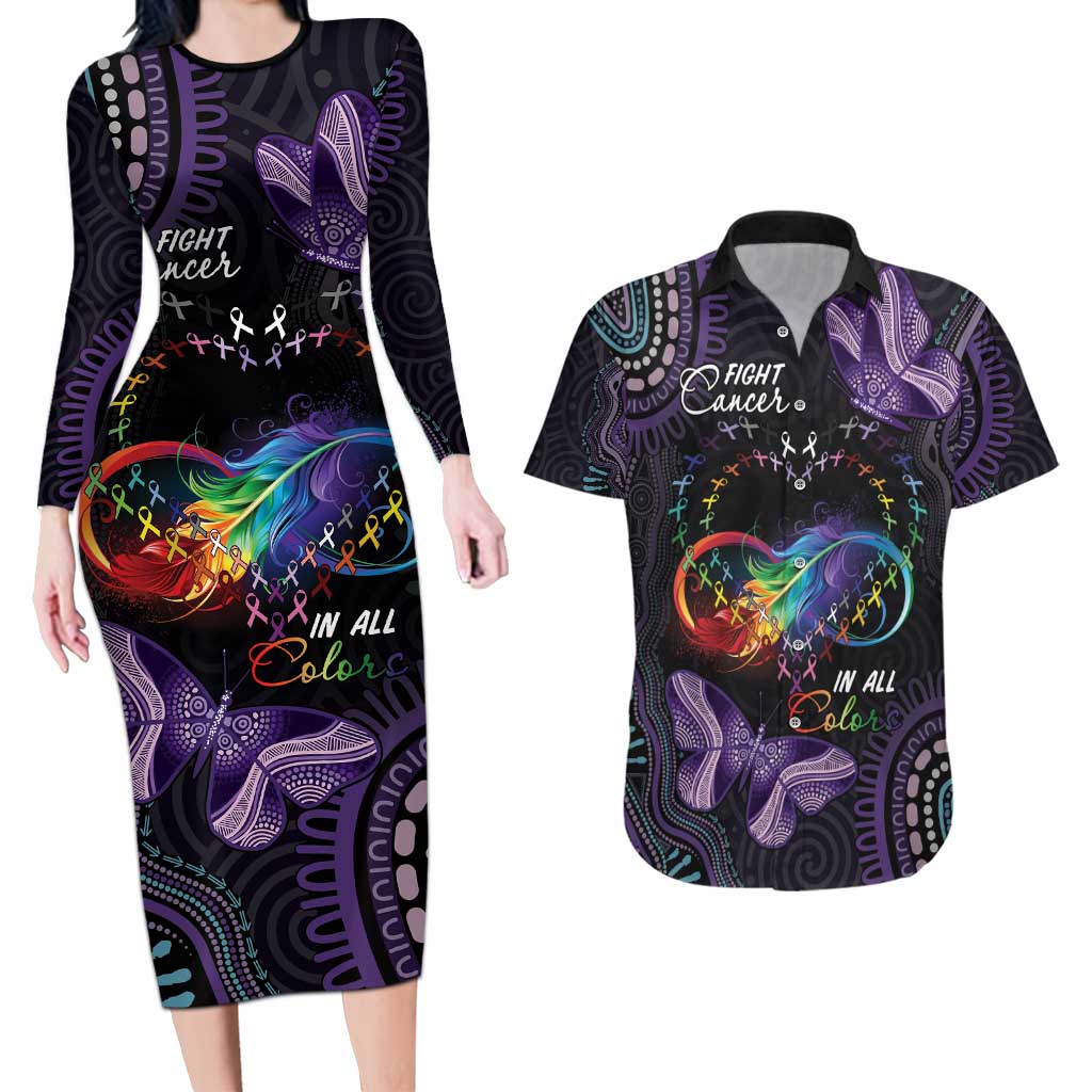 Australia Aboriginal Dot Arts Couples Matching Long Sleeve Bodycon Dress and Hawaiian Shirt Fight Cancer In All Colors