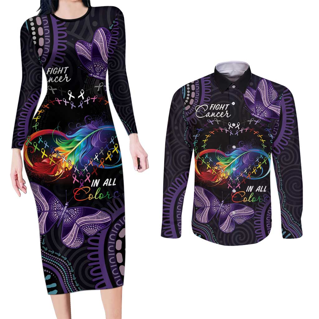 Australia Aboriginal Dot Arts Couples Matching Long Sleeve Bodycon Dress and Long Sleeve Button Shirt Fight Cancer In All Colors