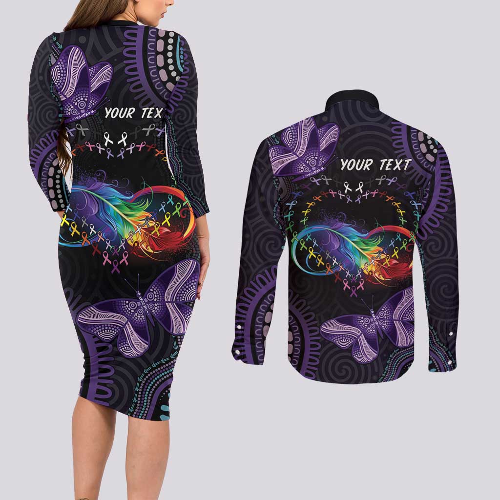 Australia Aboriginal Dot Arts Couples Matching Long Sleeve Bodycon Dress and Long Sleeve Button Shirt Fight Cancer In All Colors