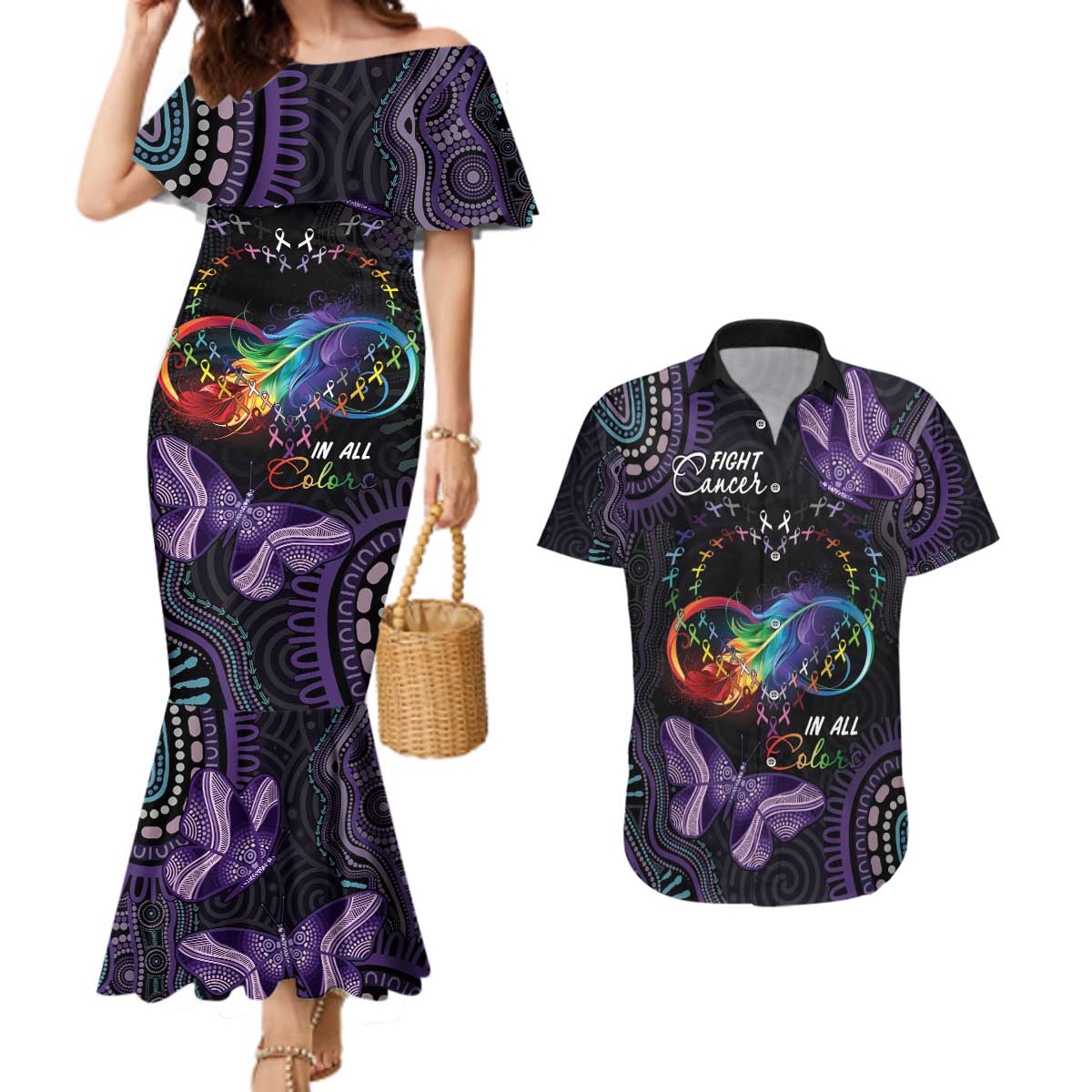 Australia Aboriginal Dot Arts Couples Matching Mermaid Dress and Hawaiian Shirt Fight Cancer In All Colors