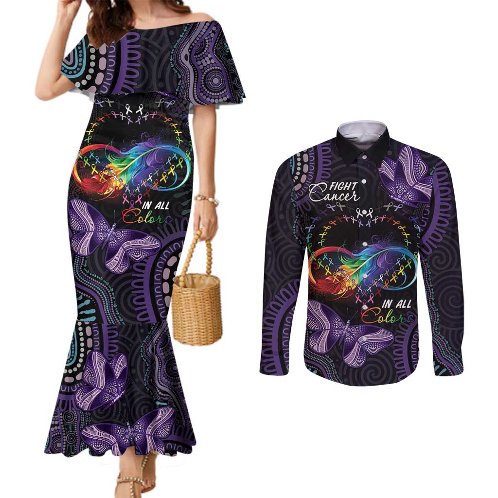Australia Aboriginal Dot Arts Couples Matching Mermaid Dress and Long Sleeve Button Shirt Fight Cancer In All Colors