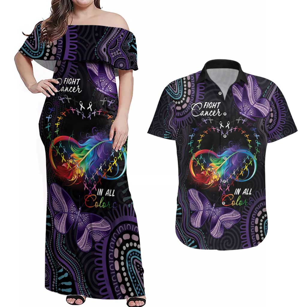 Australia Aboriginal Dot Arts Couples Matching Off Shoulder Maxi Dress and Hawaiian Shirt Fight Cancer In All Colors