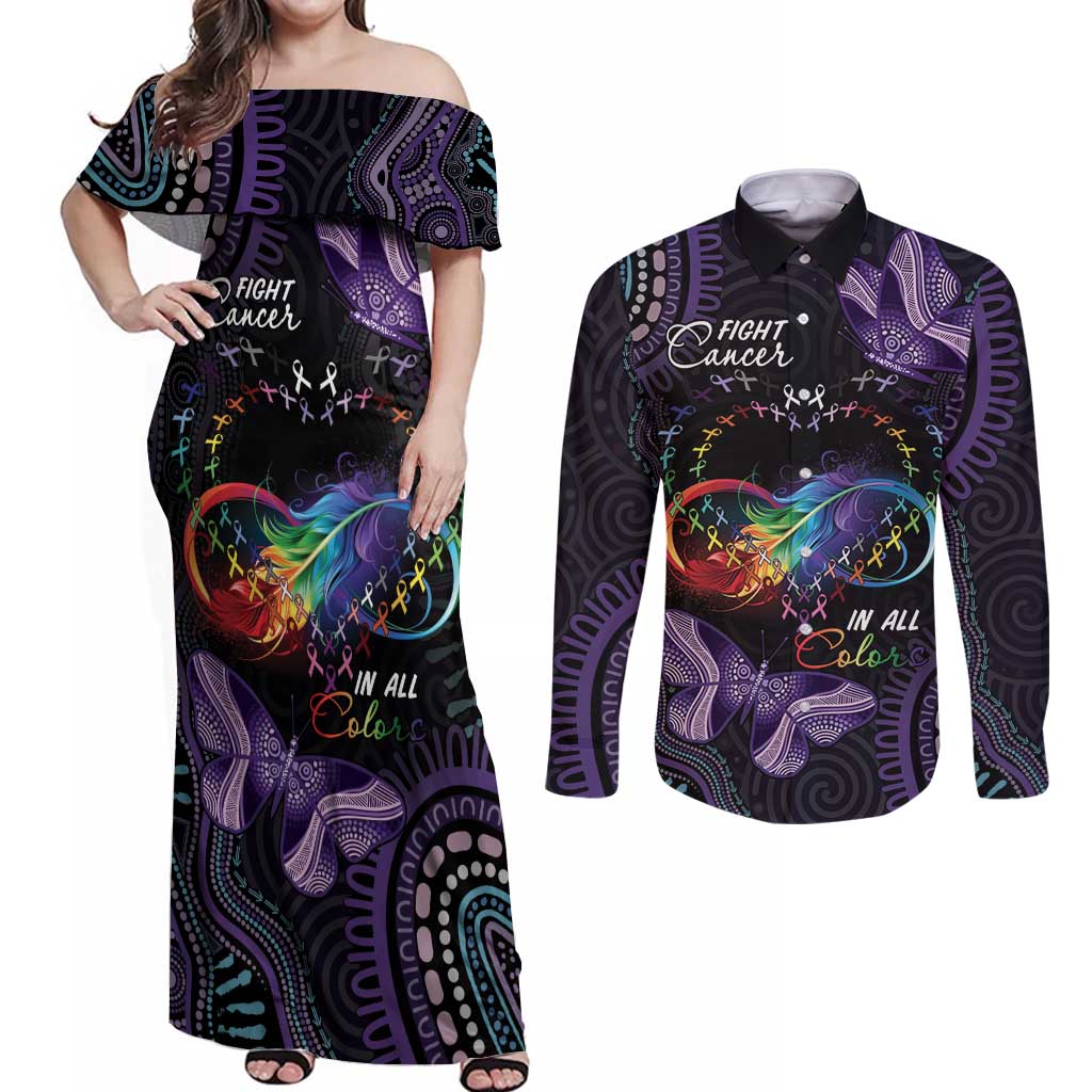 Australia Aboriginal Dot Arts Couples Matching Off Shoulder Maxi Dress and Long Sleeve Button Shirt Fight Cancer In All Colors