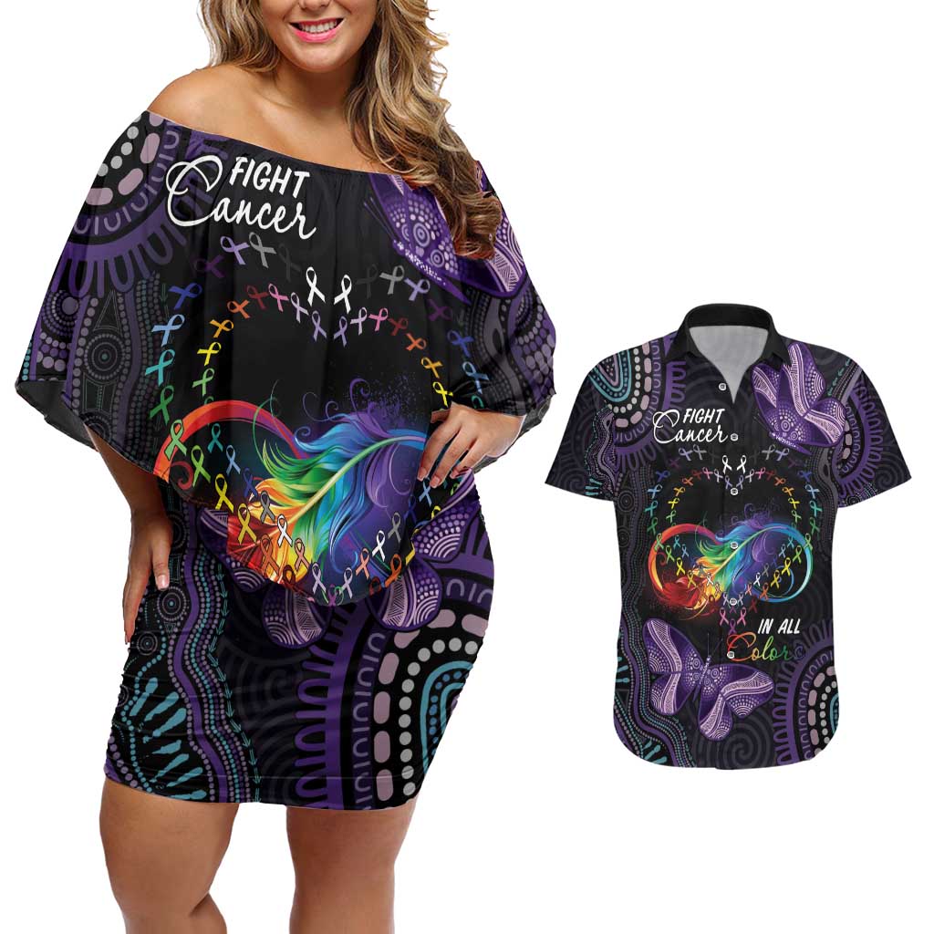 Australia Aboriginal Dot Arts Couples Matching Off Shoulder Short Dress and Hawaiian Shirt Fight Cancer In All Colors