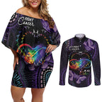 Australia Aboriginal Dot Arts Couples Matching Off Shoulder Short Dress and Long Sleeve Button Shirt Fight Cancer In All Colors