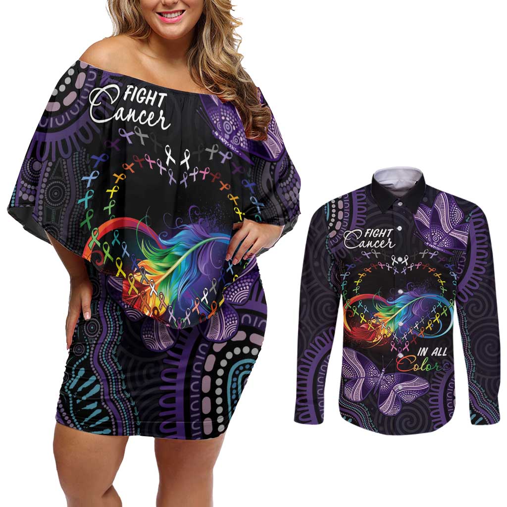Australia Aboriginal Dot Arts Couples Matching Off Shoulder Short Dress and Long Sleeve Button Shirt Fight Cancer In All Colors