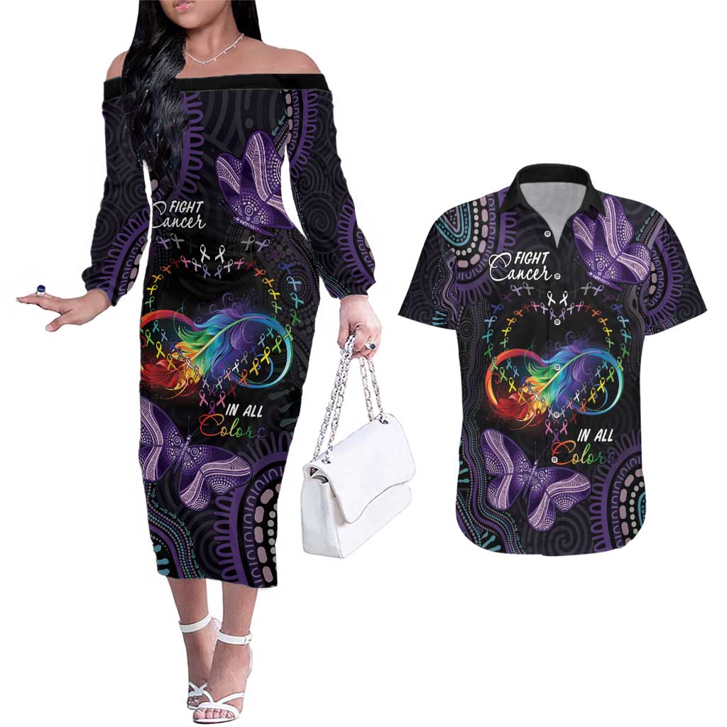 Australia Aboriginal Dot Arts Couples Matching Off The Shoulder Long Sleeve Dress and Hawaiian Shirt Fight Cancer In All Colors