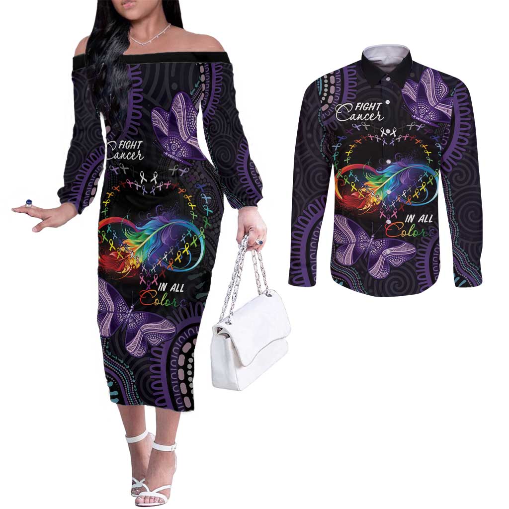 Australia Aboriginal Dot Arts Couples Matching Off The Shoulder Long Sleeve Dress and Long Sleeve Button Shirt Fight Cancer In All Colors