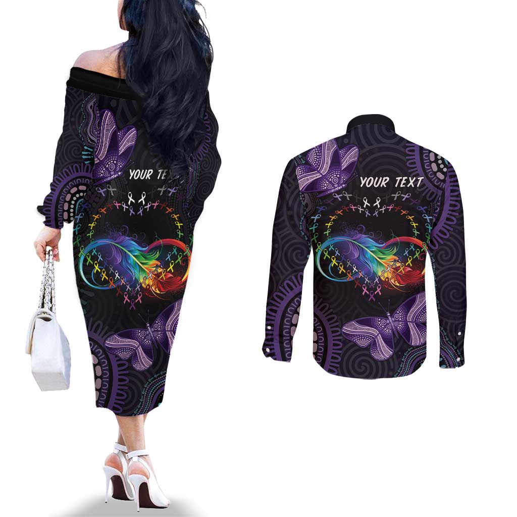 Australia Aboriginal Dot Arts Couples Matching Off The Shoulder Long Sleeve Dress and Long Sleeve Button Shirt Fight Cancer In All Colors