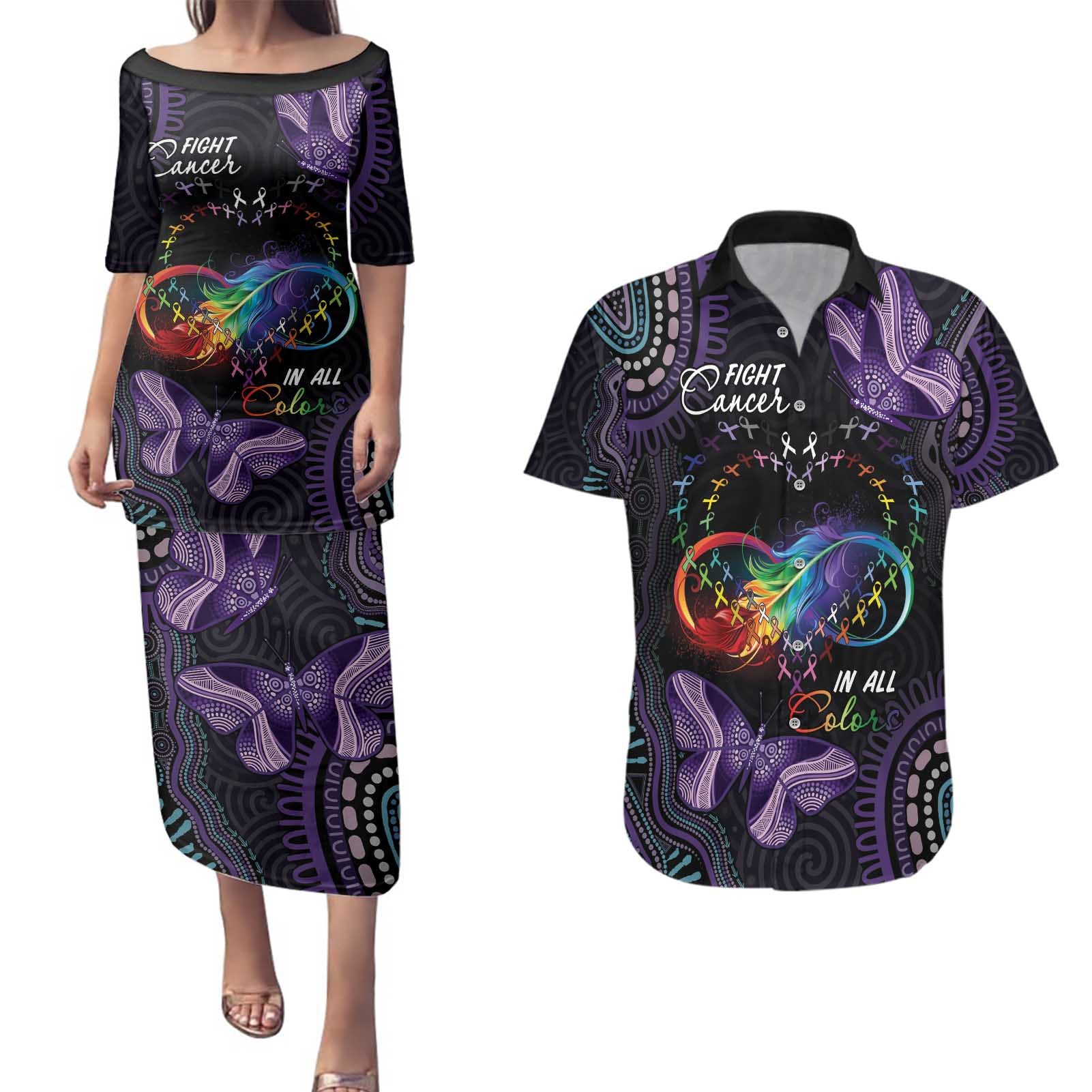 Australia Aboriginal Dot Arts Couples Matching Puletasi and Hawaiian Shirt Fight Cancer In All Colors