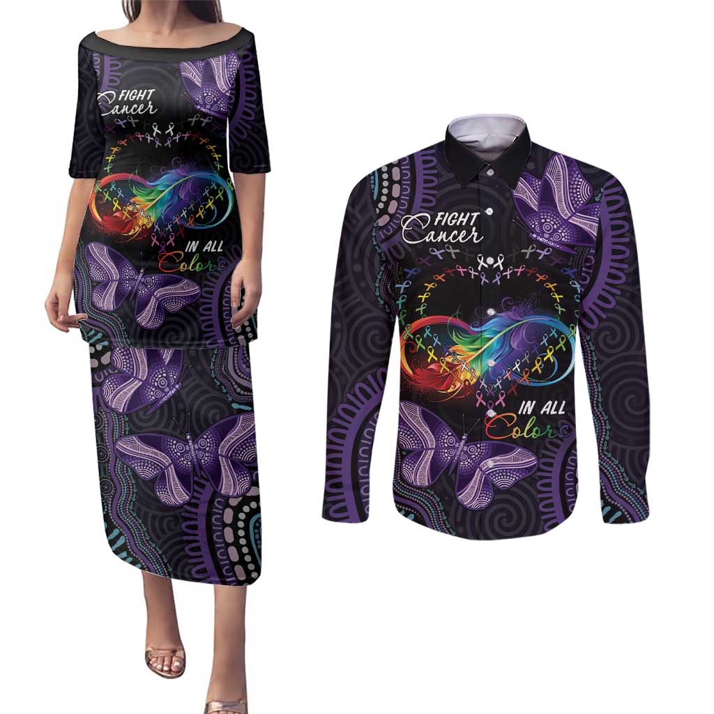 Australia Aboriginal Dot Arts Couples Matching Puletasi and Long Sleeve Button Shirt Fight Cancer In All Colors
