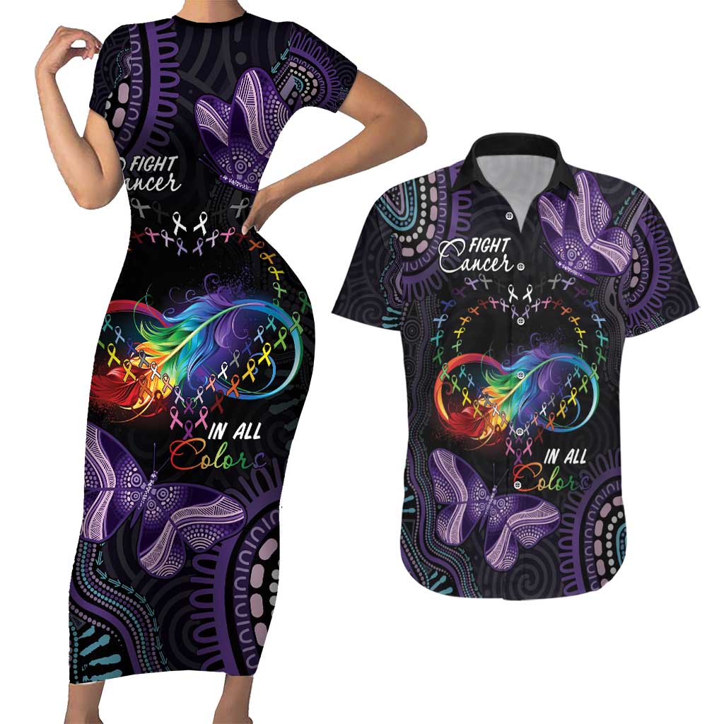 Australia Aboriginal Dot Arts Couples Matching Short Sleeve Bodycon Dress and Hawaiian Shirt Fight Cancer In All Colors