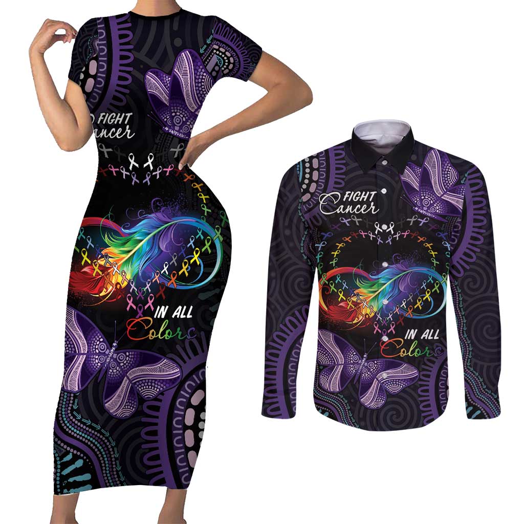 Australia Aboriginal Dot Arts Couples Matching Short Sleeve Bodycon Dress and Long Sleeve Button Shirt Fight Cancer In All Colors