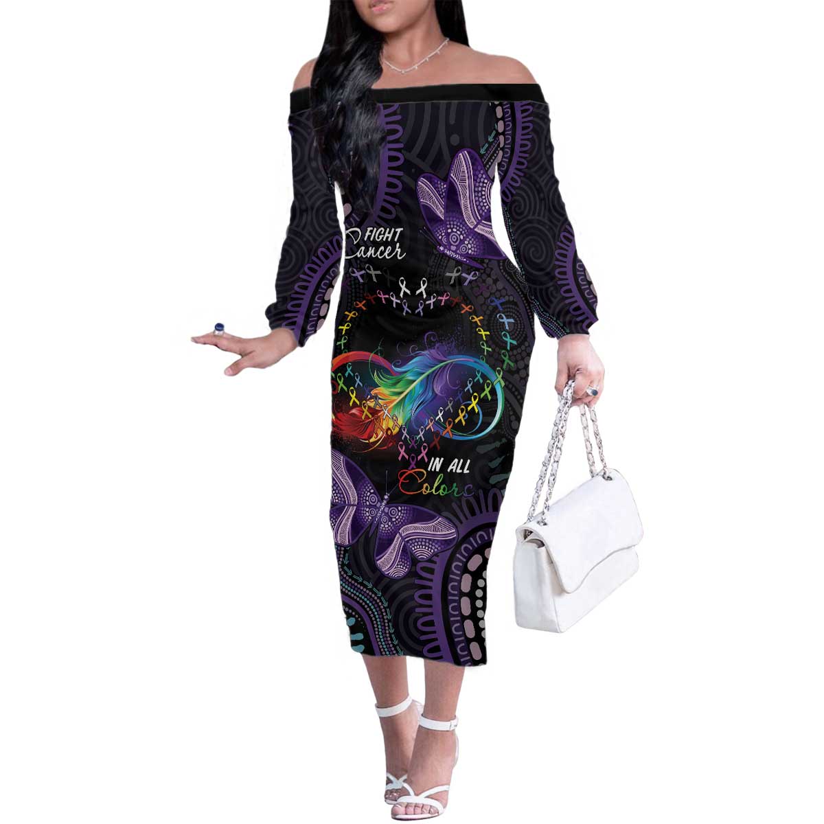Australia Aboriginal Dot Arts Family Matching Off The Shoulder Long Sleeve Dress and Hawaiian Shirt Fight Cancer In All Colors