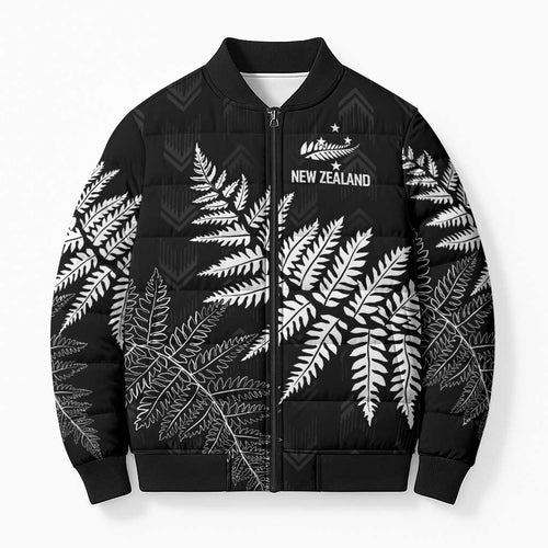 New Zealand Lawn Bowls Personalized Bomber Puffer Jacket Wrap-Around Silver Fern - Aussie Hoodie