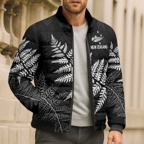 New Zealand Lawn Bowls Personalized Bomber Puffer Jacket Wrap-Around Silver Fern - Aussie Hoodie