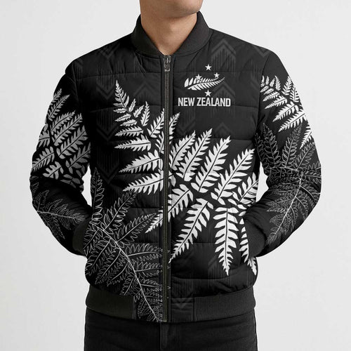 New Zealand Lawn Bowls Personalized Bomber Puffer Jacket Wrap-Around Silver Fern - Aussie Hoodie