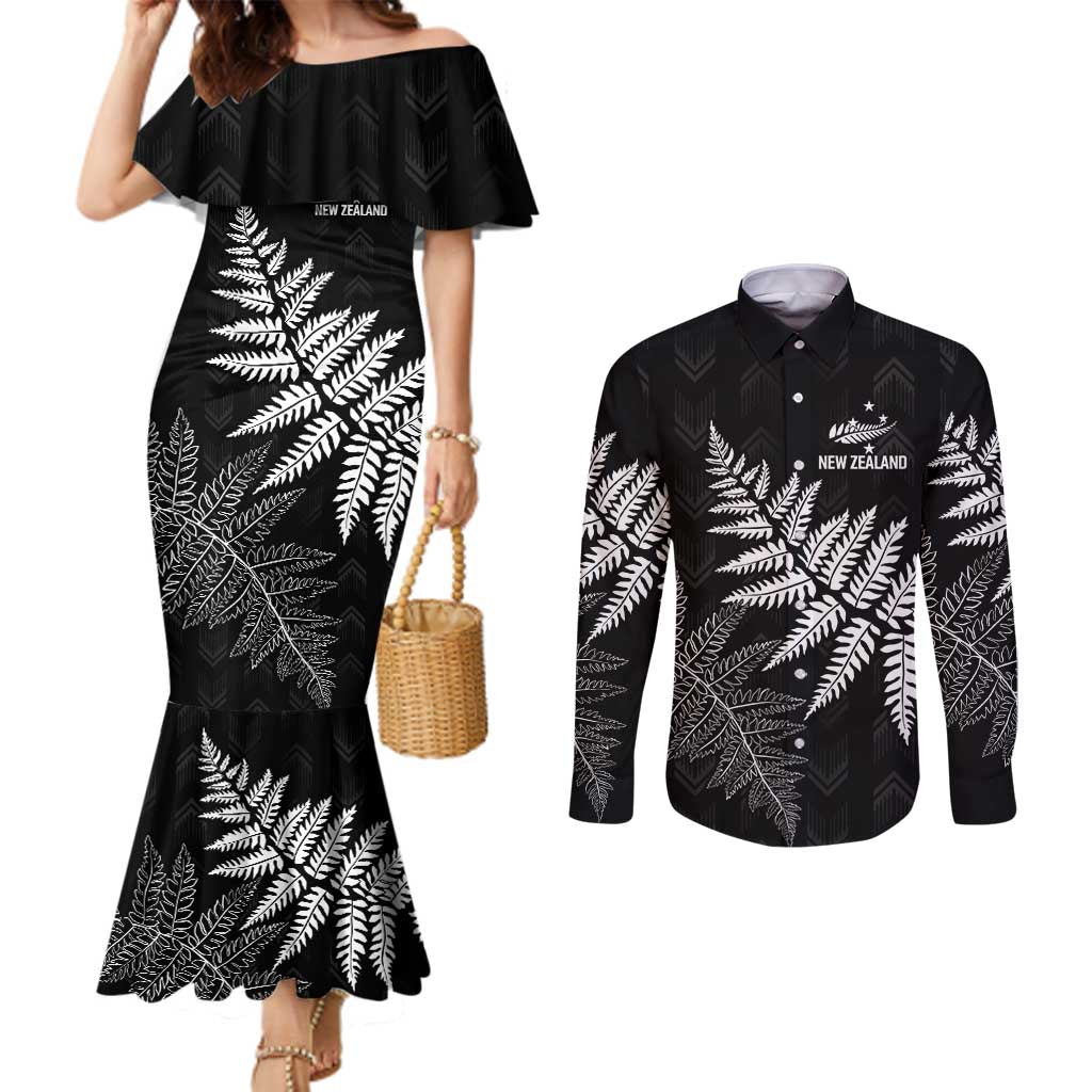 New Zealand Lawn Bowls Personalized Couples Matching Mermaid Dress and Long Sleeve Button Shirt Wrap-Around Silver Fern - Aussie Hoodie