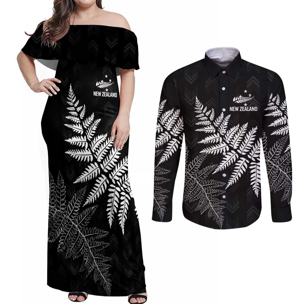 New Zealand Lawn Bowls Personalized Couples Matching Off Shoulder Maxi Dress and Long Sleeve Button Shirt Wrap-Around Silver Fern - Aussie Hoodie