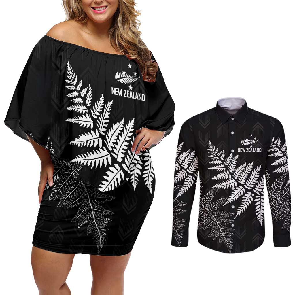 New Zealand Lawn Bowls Personalized Couples Matching Off Shoulder Short Dress and Long Sleeve Button Shirt Wrap-Around Silver Fern - Aussie Hoodie