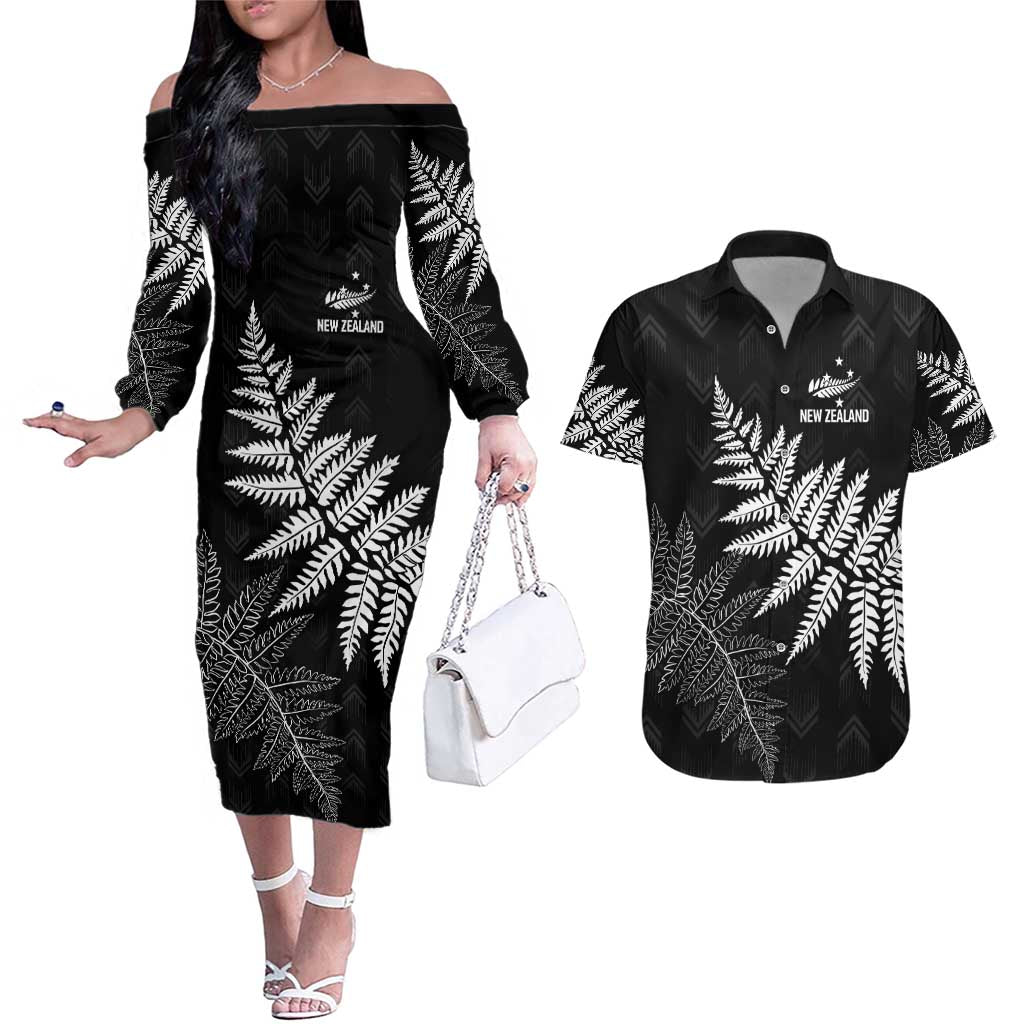 New Zealand Lawn Bowls Personalized Couples Matching Off The Shoulder Long Sleeve Dress and Hawaiian Shirt Wrap-Around Silver Fern - Aussie Hoodie