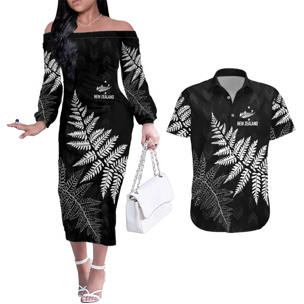 New Zealand Lawn Bowls Personalized Couples Matching Off The Shoulder Long Sleeve Dress and Hawaiian Shirt Wrap-Around Silver Fern - Aussie Hoodie
