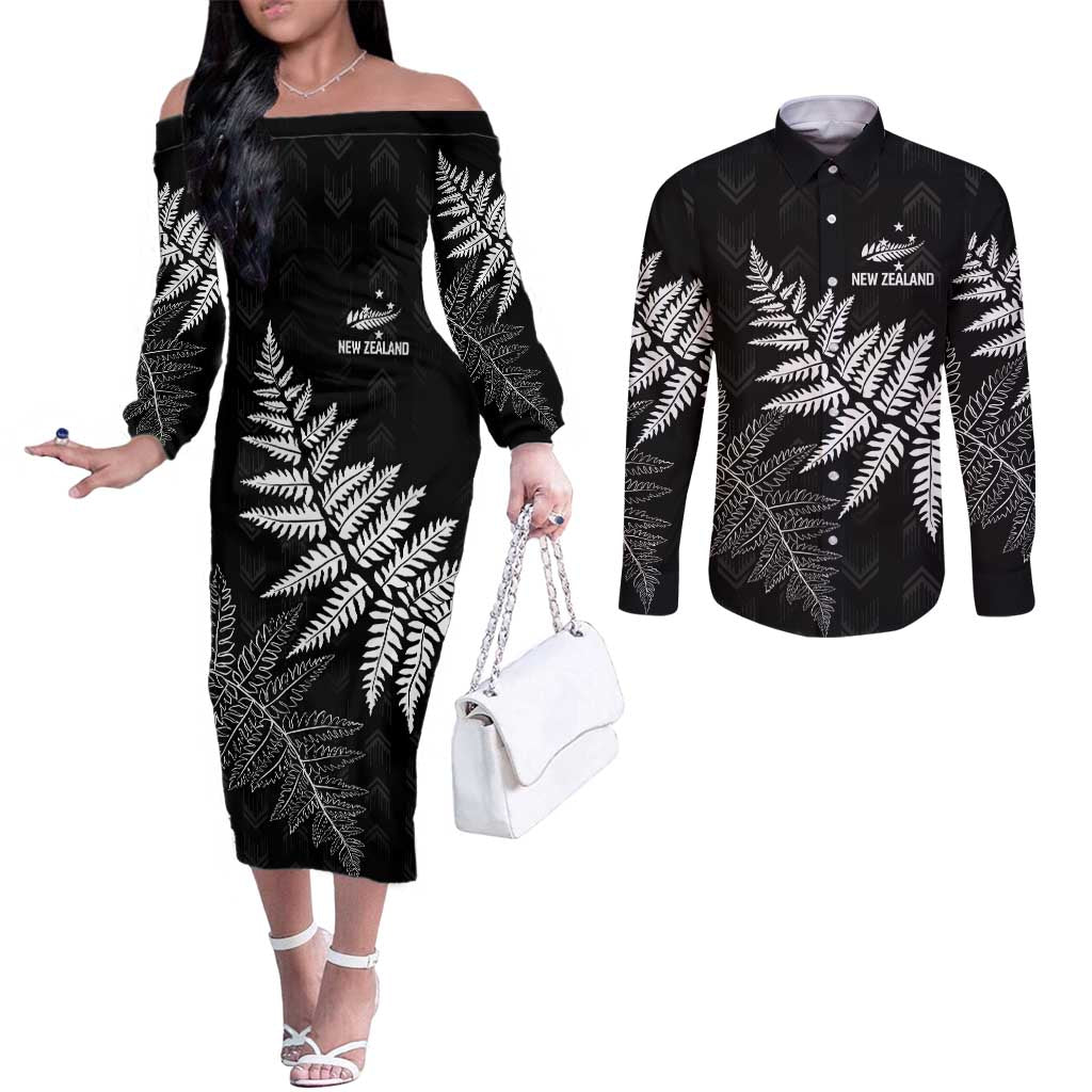 New Zealand Lawn Bowls Personalized Couples Matching Off The Shoulder Long Sleeve Dress and Long Sleeve Button Shirt Wrap-Around Silver Fern - Aussie Hoodie