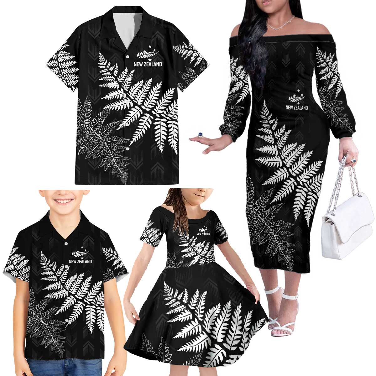 New Zealand Lawn Bowls Personalized Family Matching Off The Shoulder Long Sleeve Dress and Hawaiian Shirt Wrap-Around Silver Fern - Aussie Hoodie