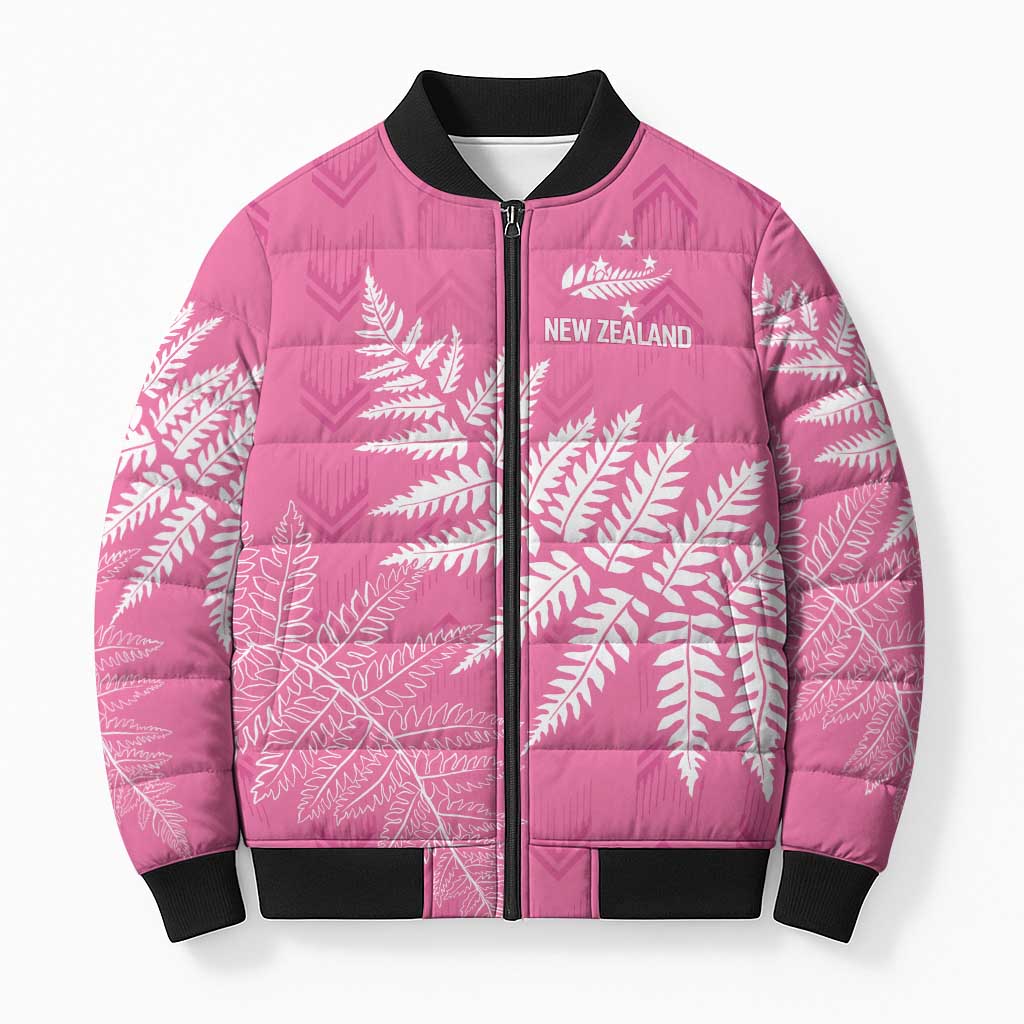 New Zealand Lawn Bowls Breast Cancer Personalized Bomber Puffer Jacket Wrap-Around Silver Fern - Aussie Hoodie
