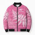 New Zealand Lawn Bowls Breast Cancer Personalized Bomber Puffer Jacket Wrap-Around Silver Fern - Aussie Hoodie