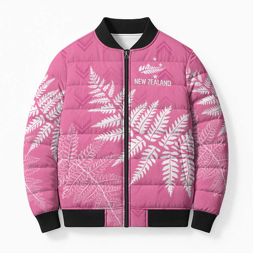 New Zealand Lawn Bowls Breast Cancer Personalized Bomber Puffer Jacket Wrap-Around Silver Fern - Aussie Hoodie
