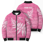 New Zealand Lawn Bowls Breast Cancer Personalized Bomber Puffer Jacket Wrap-Around Silver Fern - Aussie Hoodie