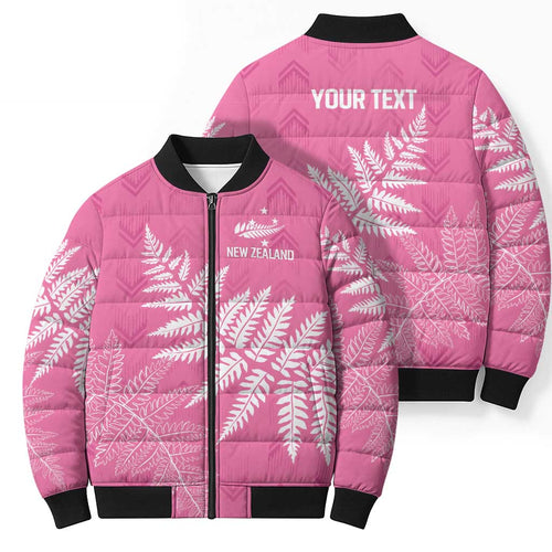 New Zealand Lawn Bowls Breast Cancer Personalized Bomber Puffer Jacket Wrap-Around Silver Fern - Aussie Hoodie