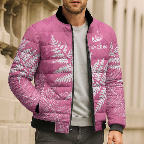 New Zealand Lawn Bowls Breast Cancer Personalized Bomber Puffer Jacket Wrap-Around Silver Fern - Aussie Hoodie