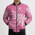 New Zealand Lawn Bowls Breast Cancer Personalized Bomber Puffer Jacket Wrap-Around Silver Fern - Aussie Hoodie